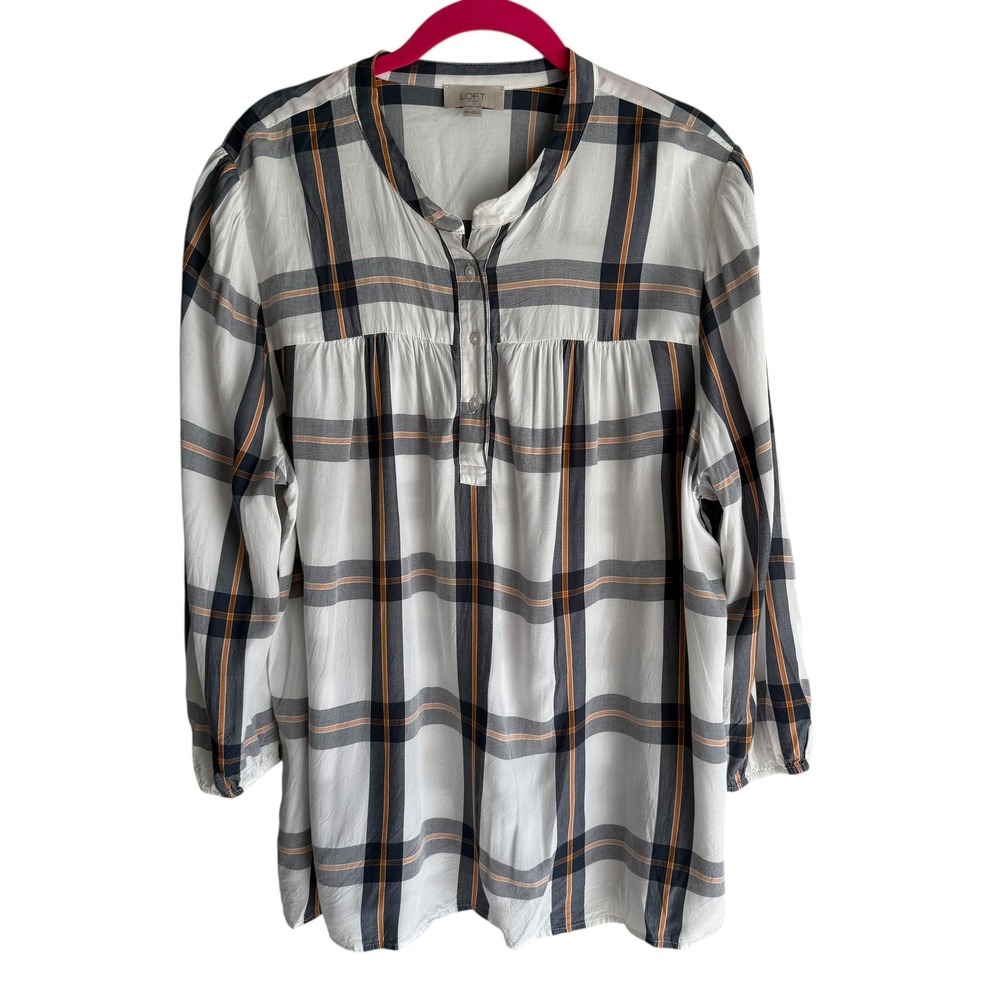 LOFT OUTLET White, Blue, Orange‎ Window Pane Plaid Ladies Blouse, XXL
